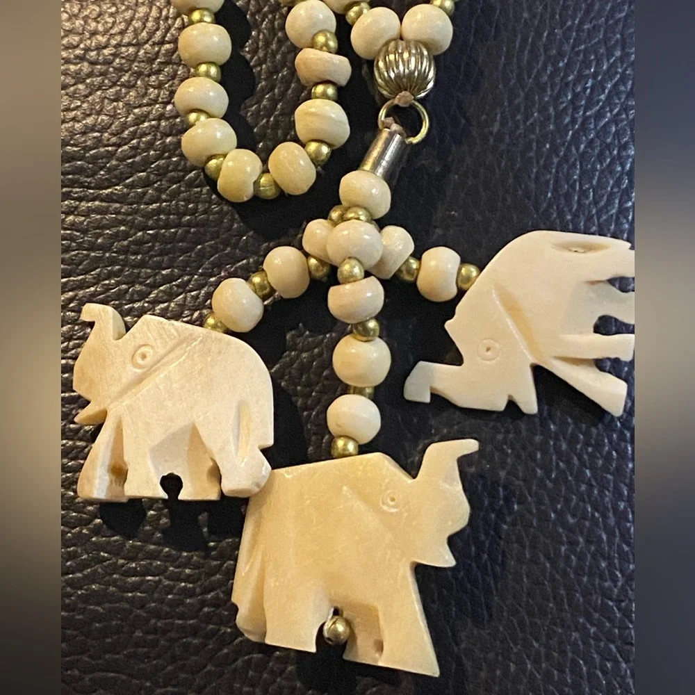 Vintage Carved Bone Cream Beaded Necklace with 3 Elephant Pendants Good Luck